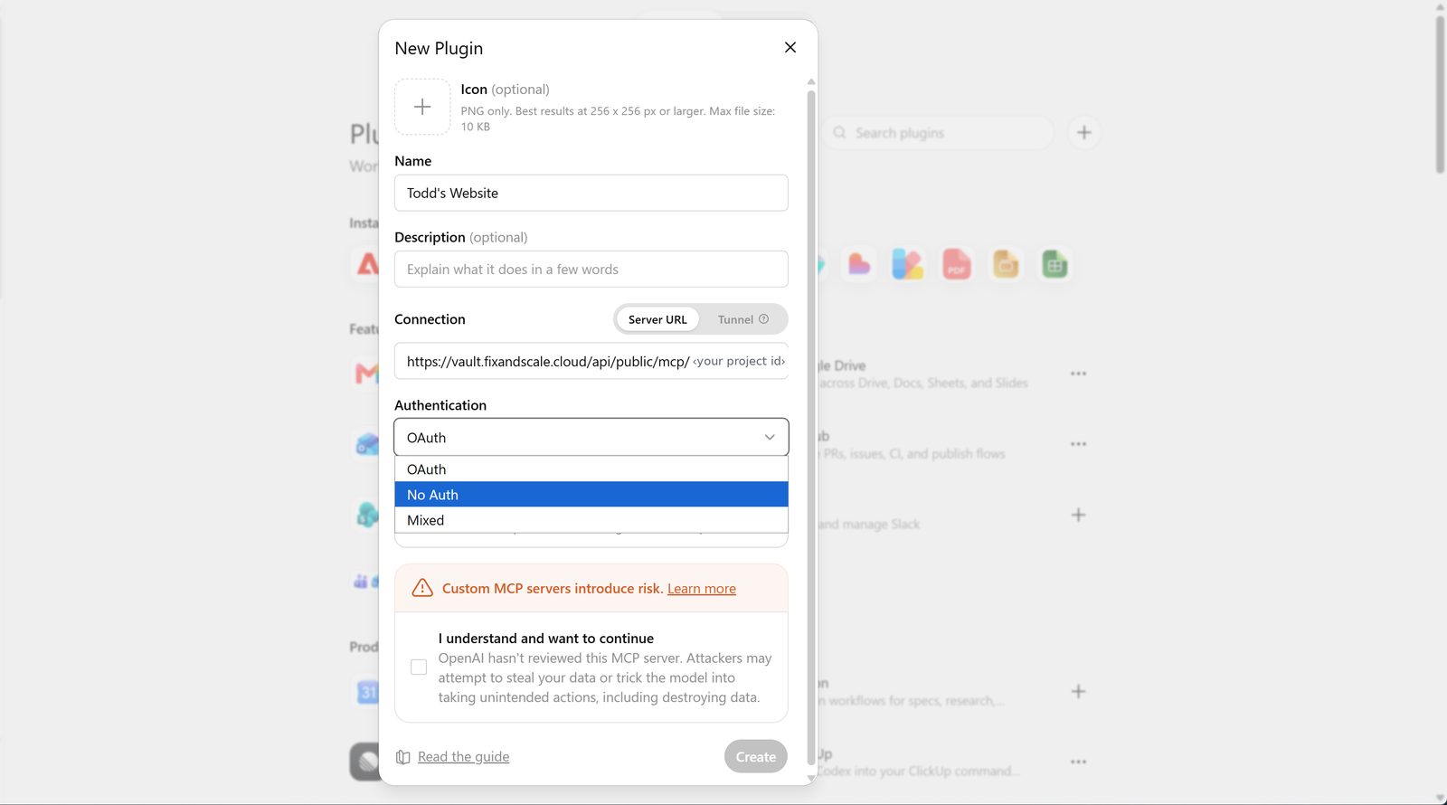 The Authentication dropdown in ChatGPT's New Plugin dialog showing OAuth, No Auth and Mixed.