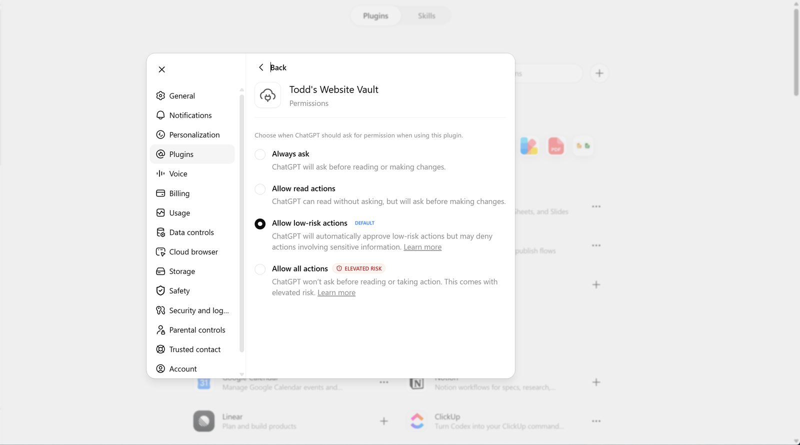 ChatGPT's plugin permission options: Always ask, Allow read actions, Allow low-risk actions, Allow all actions.