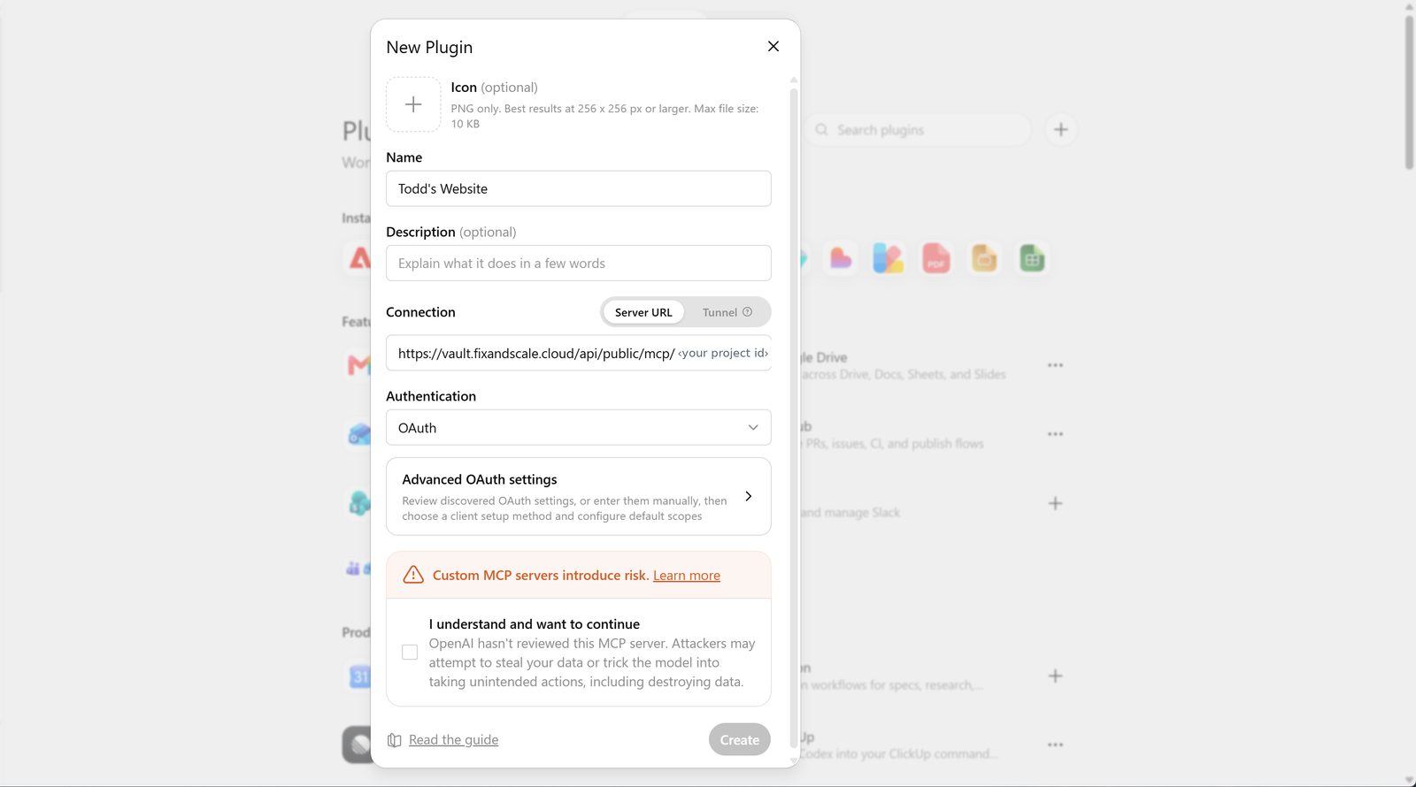 ChatGPT's New Plugin dialog with a name filled in and the vault endpoint pasted into the Server URL field.