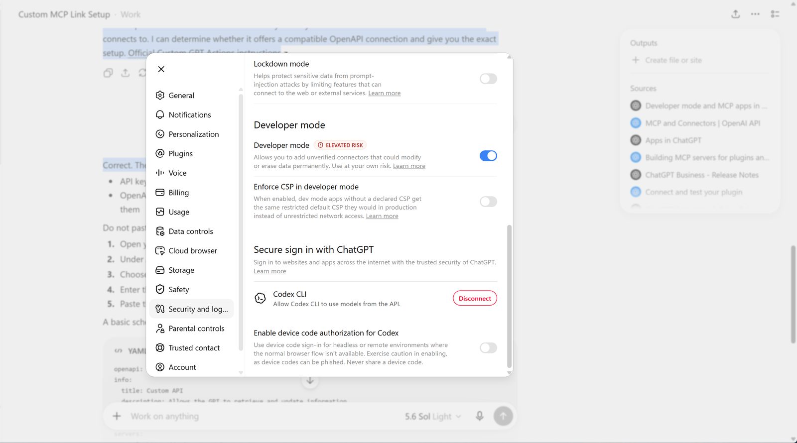 ChatGPT settings with the Developer mode toggle switched on, labelled Elevated risk.