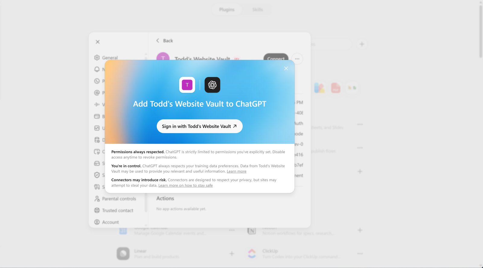 ChatGPT's sign-in prompt offering to sign in with the newly created plugin.